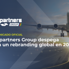 Sobre la imagen de un avión despegando, está escrito Europartners Group despega hacia un rebranding global en 2023